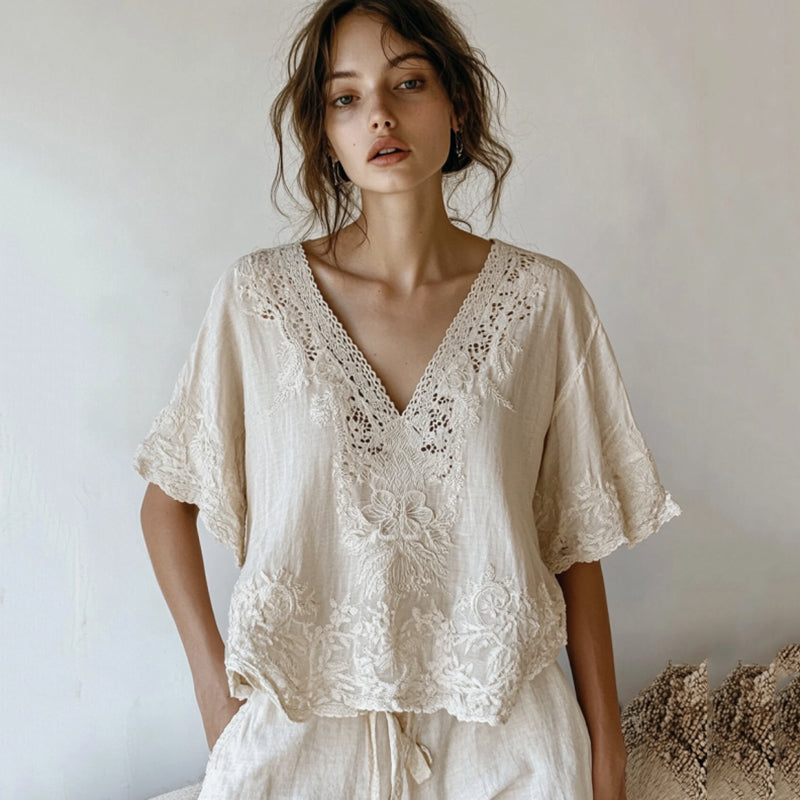 Vintage Floral Lace Embroidered Comfy V Neck Shirt elevenforest