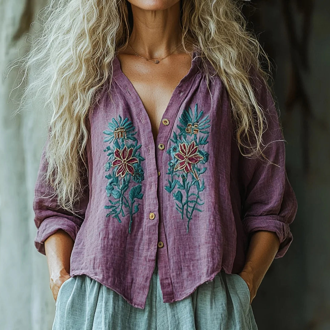 Bohemian Style Linen Floral Art Print Long Sleeve Loose Shirt elevenforest