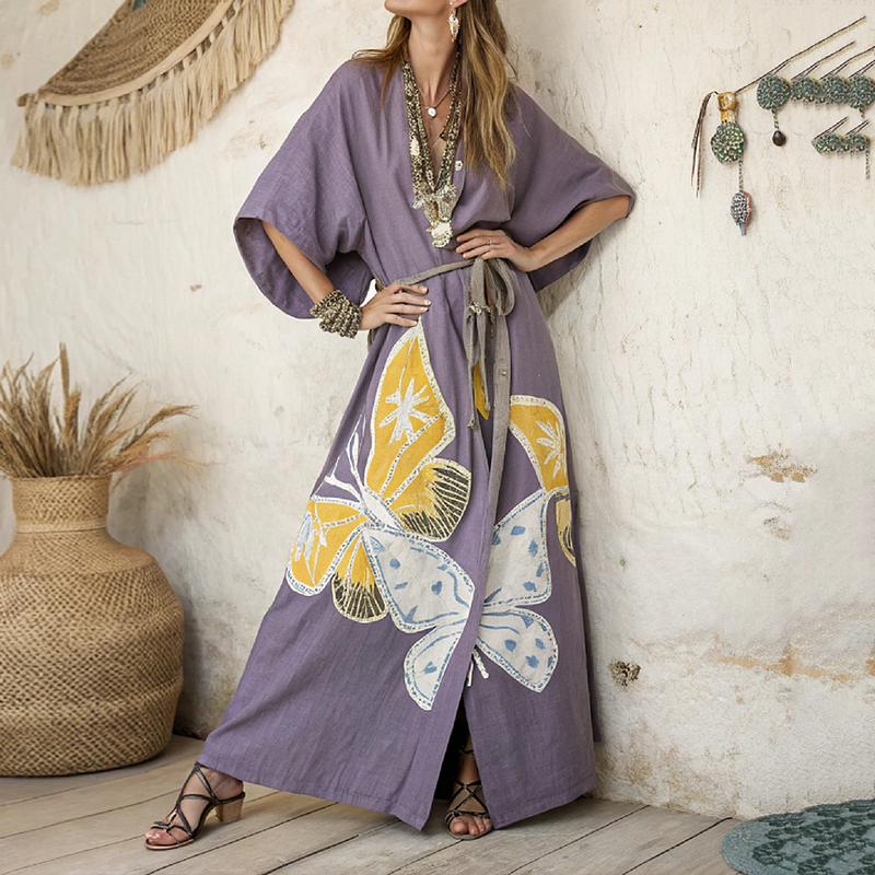 Women's Butterfly Art Linen V-neck Robe elevenforest