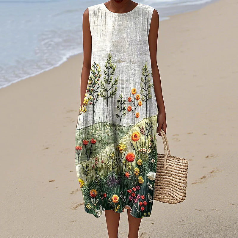 Vintage Loose Hometown Rural Farm Floral Art Sleeveless Cotton And Linen Tank Dress elevenforest