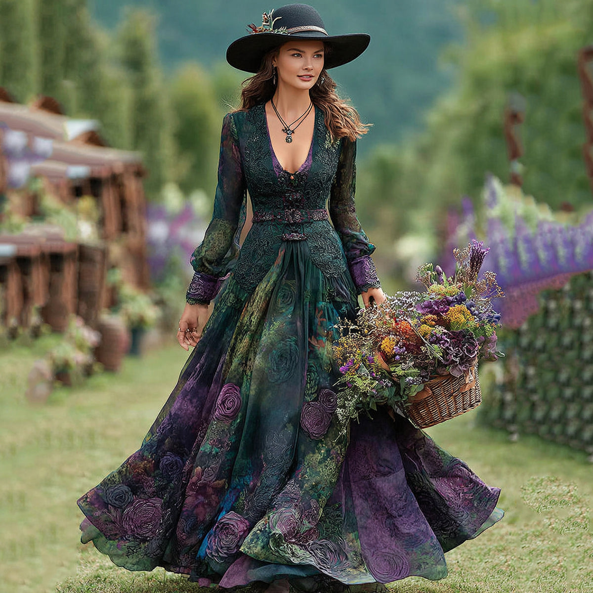 Vintage Purple Floral Lace Art V Neck Long Sleeve Maxi Dress elevenforest