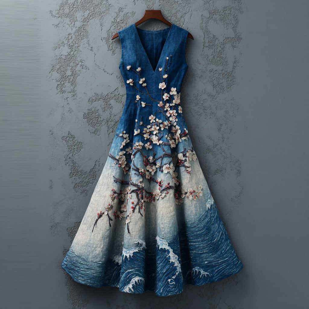 Women's Cherry Blossoms Embroidery And Waves Gradient Art Linen Maxi Dress elevenforest