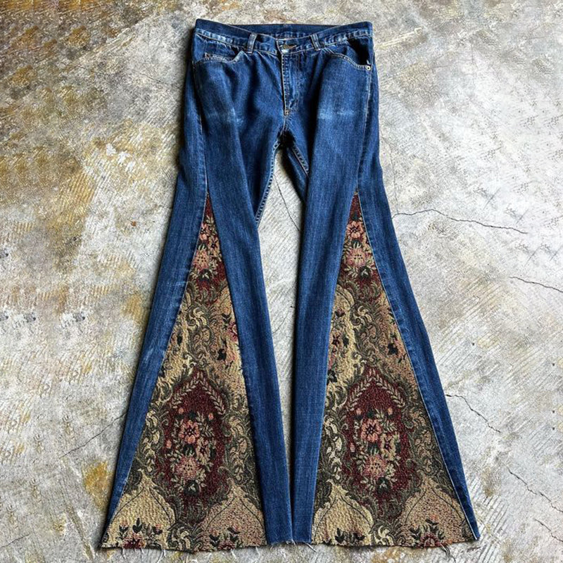 Retro Bohemian Ethnic Pattern Patchwork Flared Jeans elevenforest