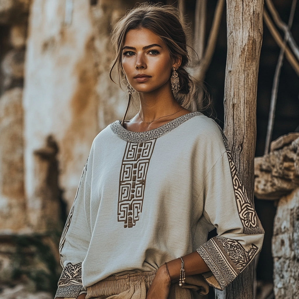 Vintage Greek Key Motif Crew Neck Linen Blend Blouse elevenforest