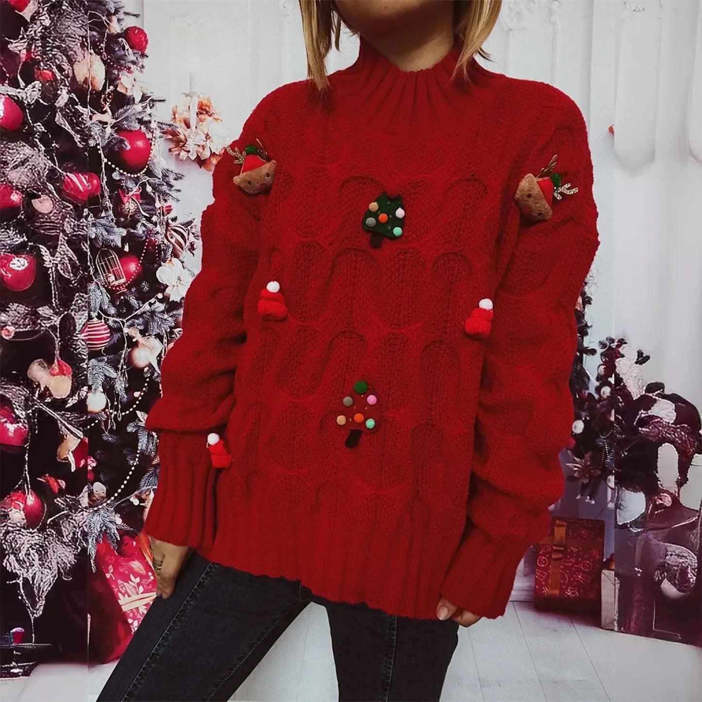 Maite® | Women's Christmas character patchwork turtleneck sweater