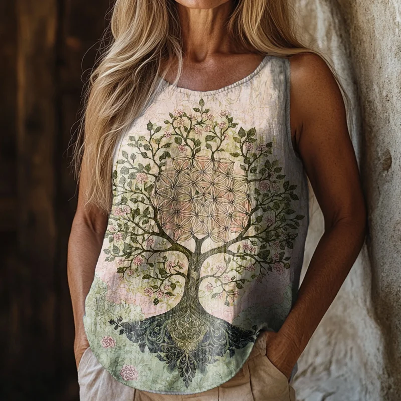 Women's Retro Viking Hippie Tree Of Life Style Linen Sleeveless Tank Top elevenforest