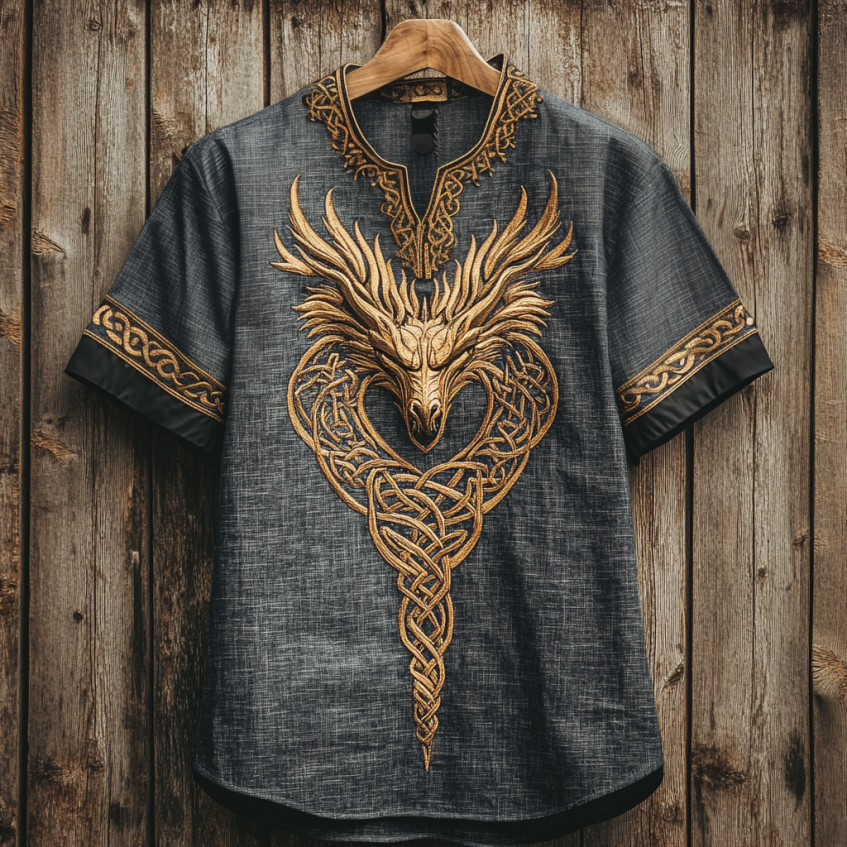 Men's Viking Tribal Dragon With Celtic Knotwork Embroidery Art Linen Round Neck T-shirt elevenforest