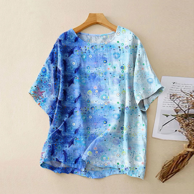 Women's Vintage Ocean Art Print Casual Linen Crew Neck Shirt elevenforest