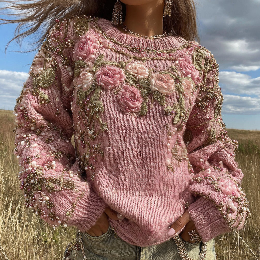 Vintage Rose Embroidery Art Beaded Cozy Knit Sweater elevenforest