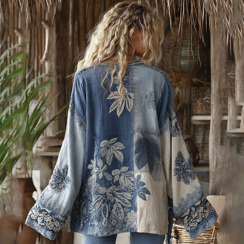 Retro Bohemian Floral With Maple Leaf Art Embroidery Print Cotton And Linen Blend Kimono Cardigan elevenforest