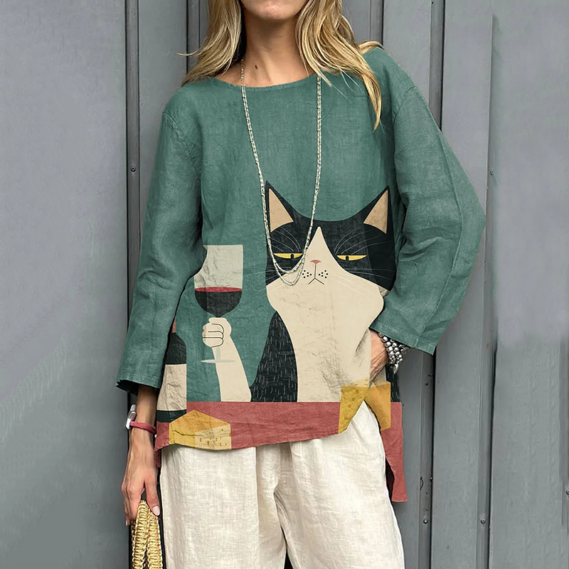 Comstylish Women's Vintage Color Block Cat Art Print Linen T-shirt