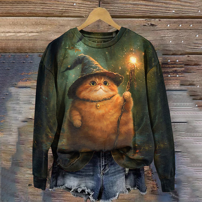 Women's Halloween Cute Cat Crew Neck Casual Sweatshirt elevenforest