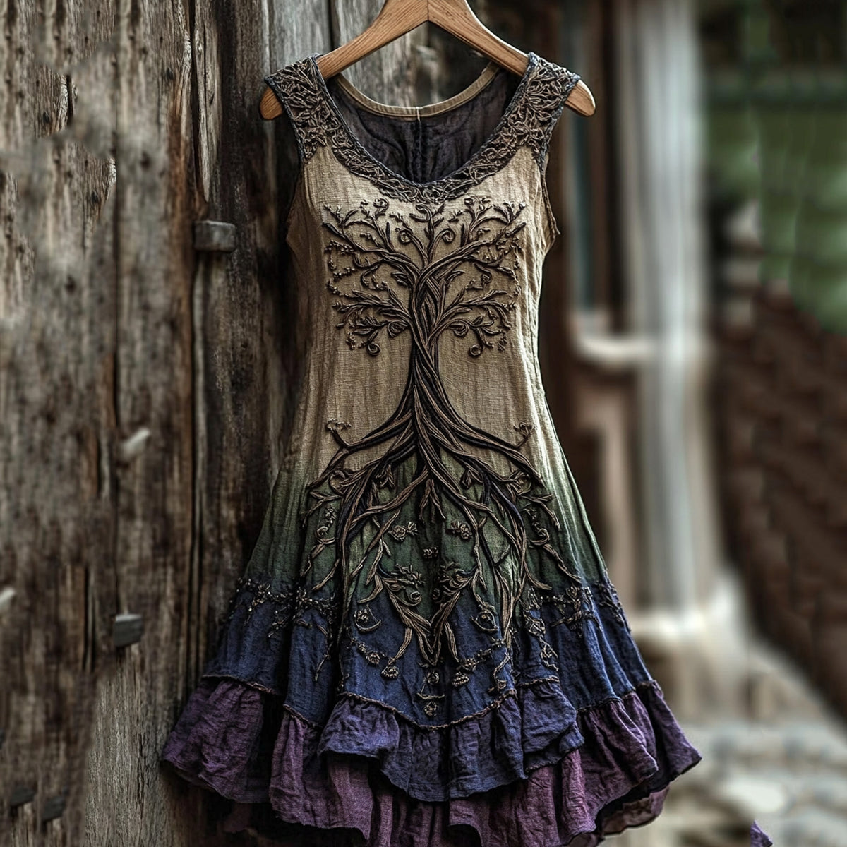 Women's Vintage Viking Tree Of Life Color Gradient Linen Dress elevenforest