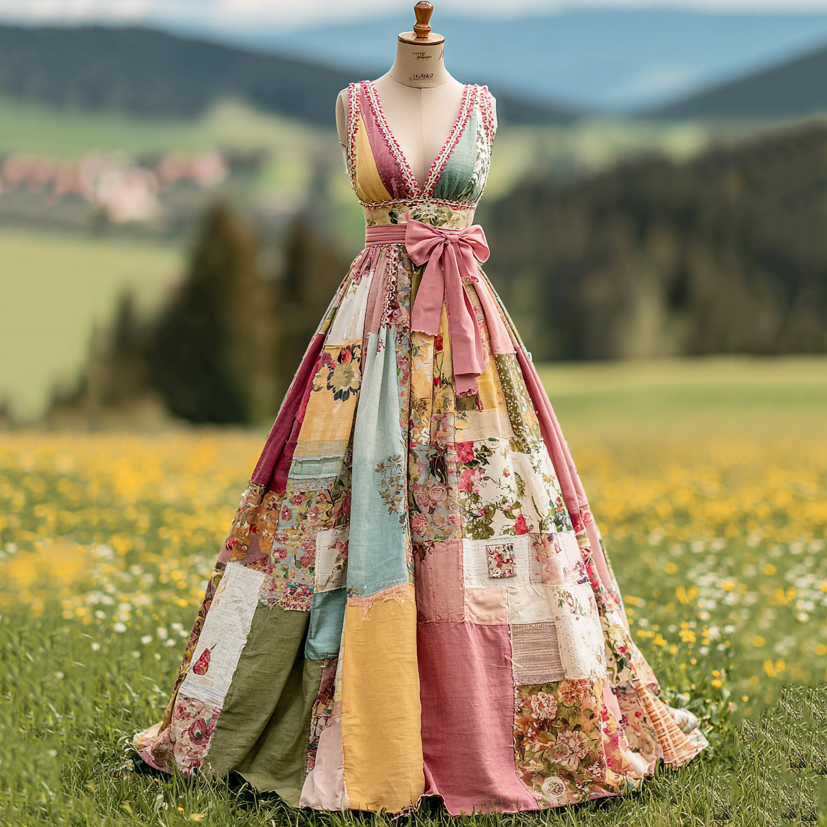 Women's Floral Art Patchwork V Neck Comfy Maxi Dress elevenforest