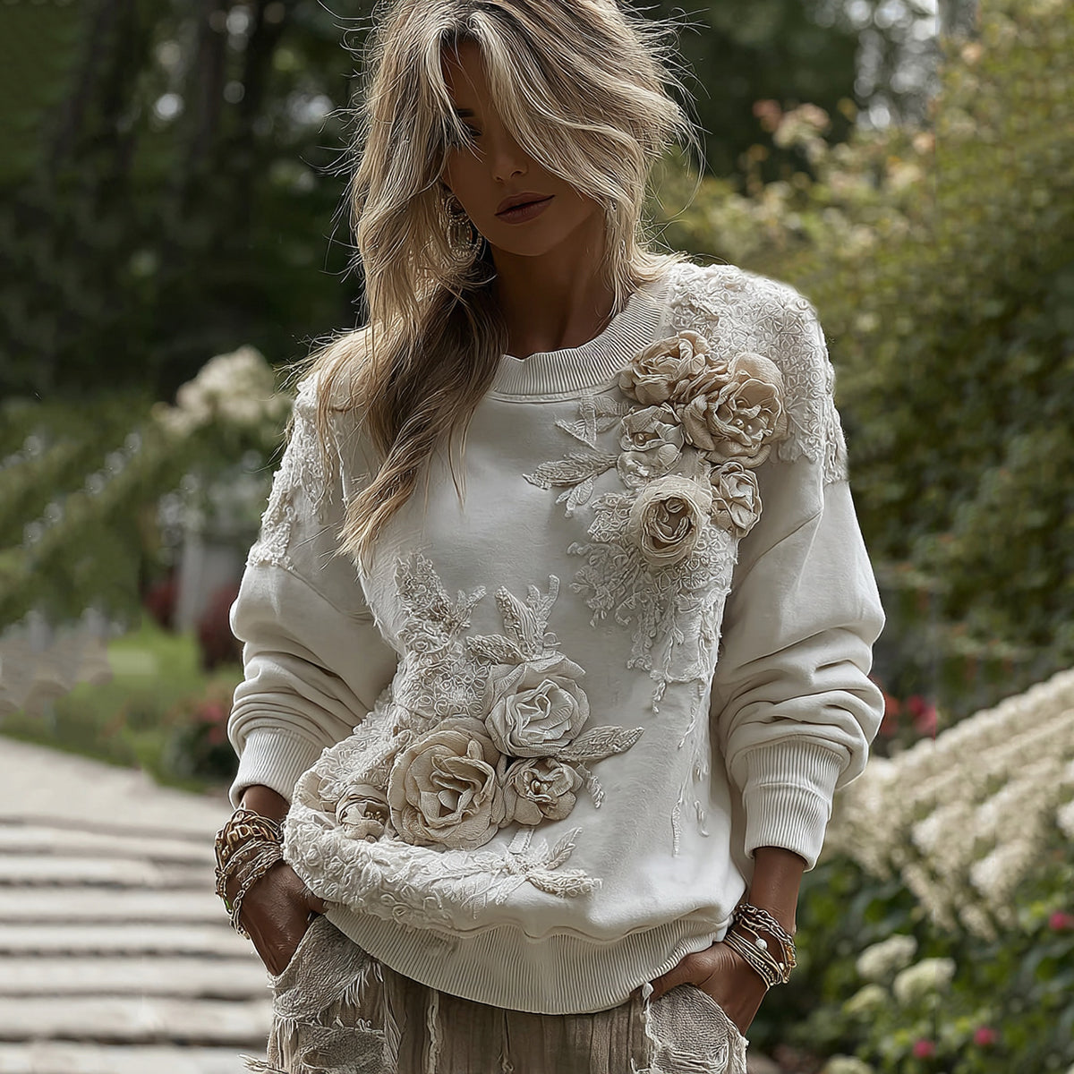 Women's Retro Floral Patchwork Art Cozy Sweatshirt elevenforest