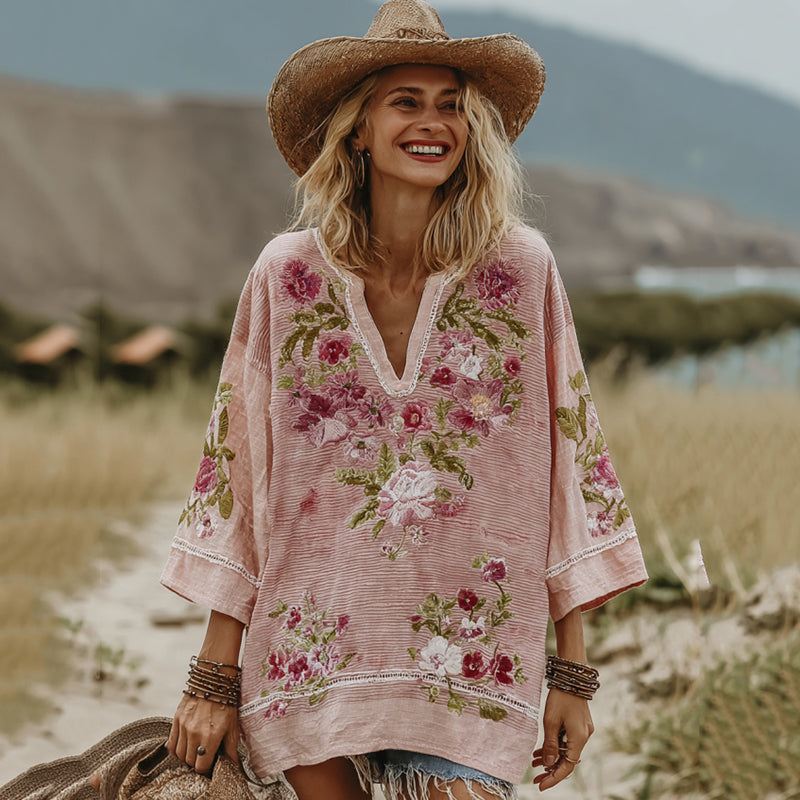 Love & Health Collection Retro Western Women Style Vintage Pink Striped And Floral Patchwork Art Linen Shirt elevenforest