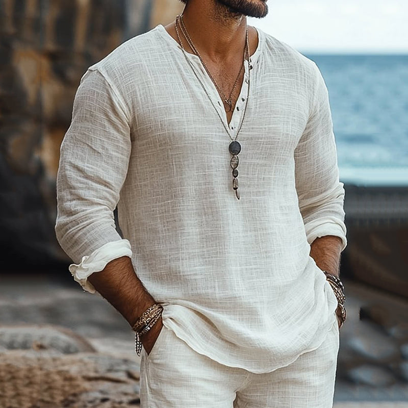 Men's Casual Fashion Solid Color Cotton And Linen Button Shirt elevenforest
