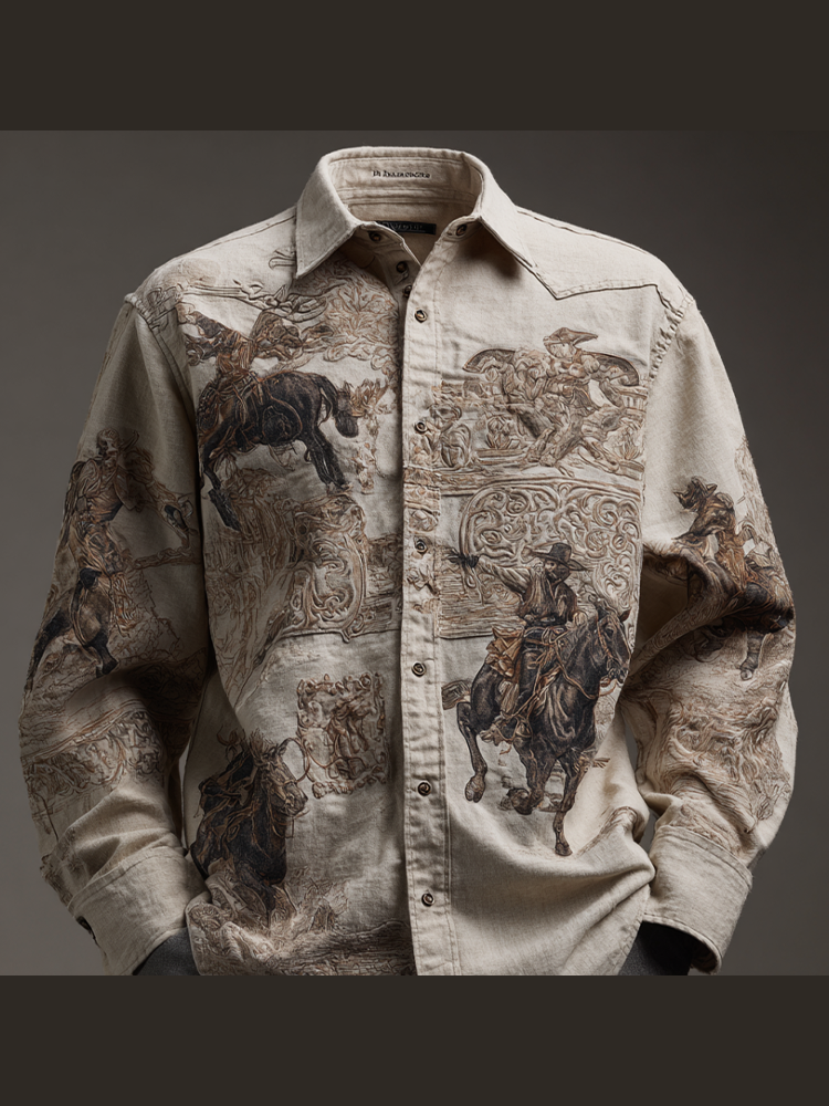 Western Cowboy Style Animal Elements Retro Cotton And Linen Men's Shirt elevenforest