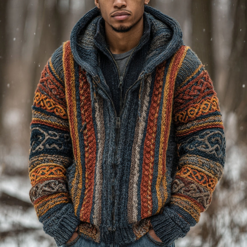 Men's Vintage Colorful Striped Celtic Art Jacquard Thick Warm Zip Hooded Sweater Cardigan elevenforest