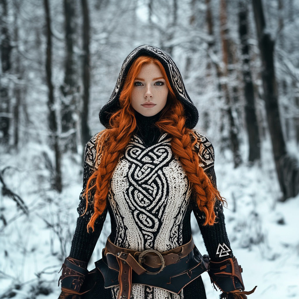 Viking Runes Inspired Celtic Knot Jacquard Chunky Hooded Sweater(accessories Not Included) artswardrobe