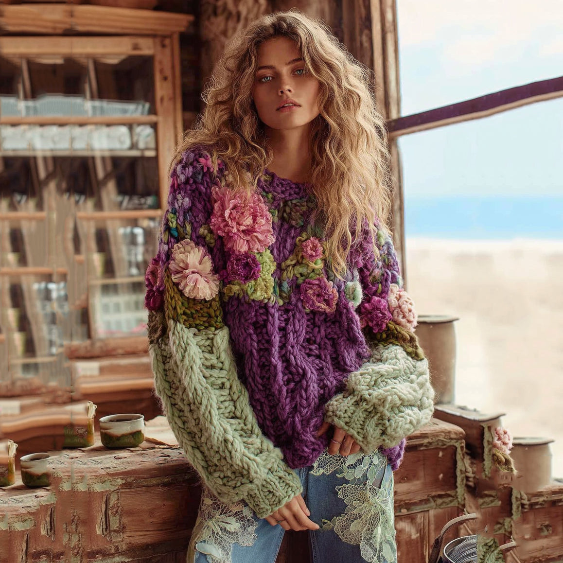 Women's Bohemian Chunky Knit Crochet Floral Contrast Sweater elevenforest