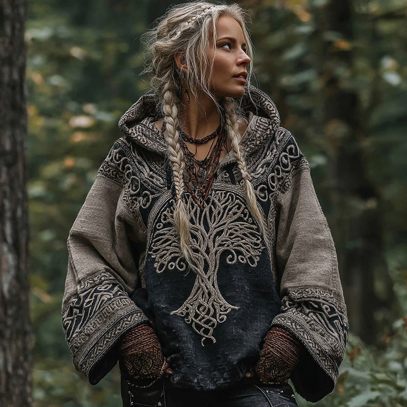 Women's Viking Tree Of Life Celtic Knot Art Cozy Color Block Bohemian Hoodie elevenforest