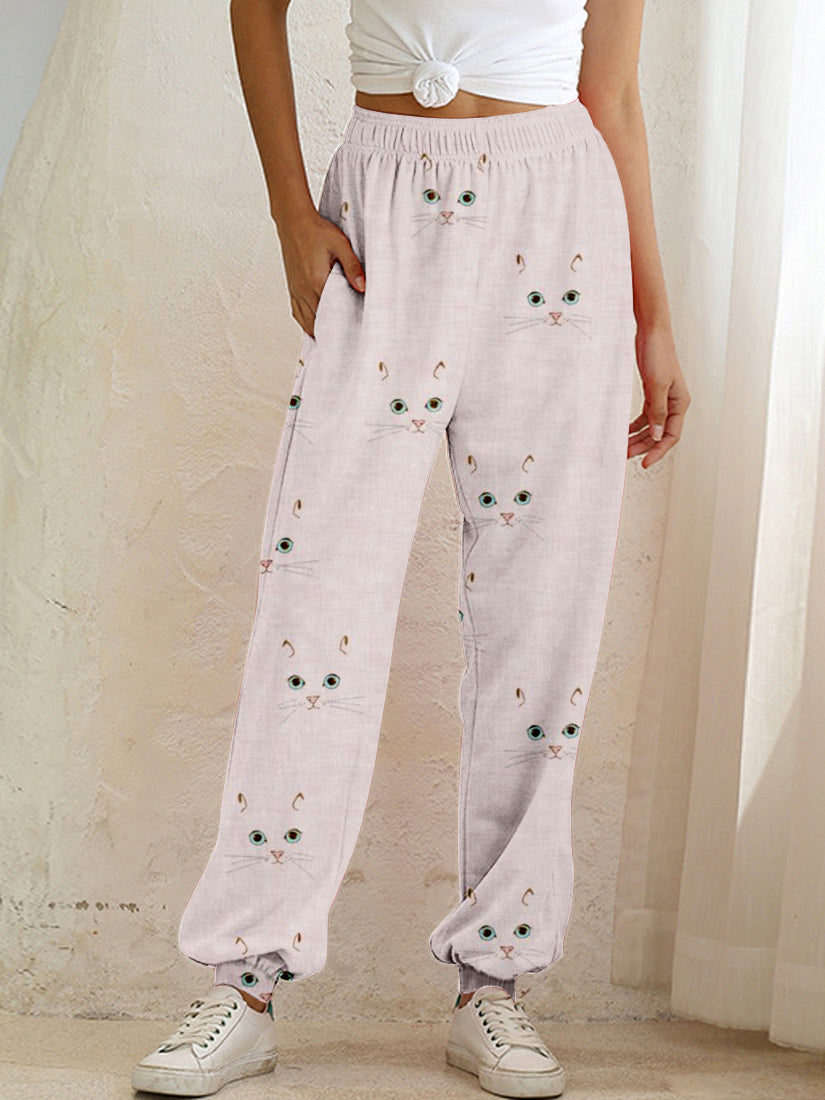 Cute Cat Face Pattern Cozy Sweatpants elevenforest