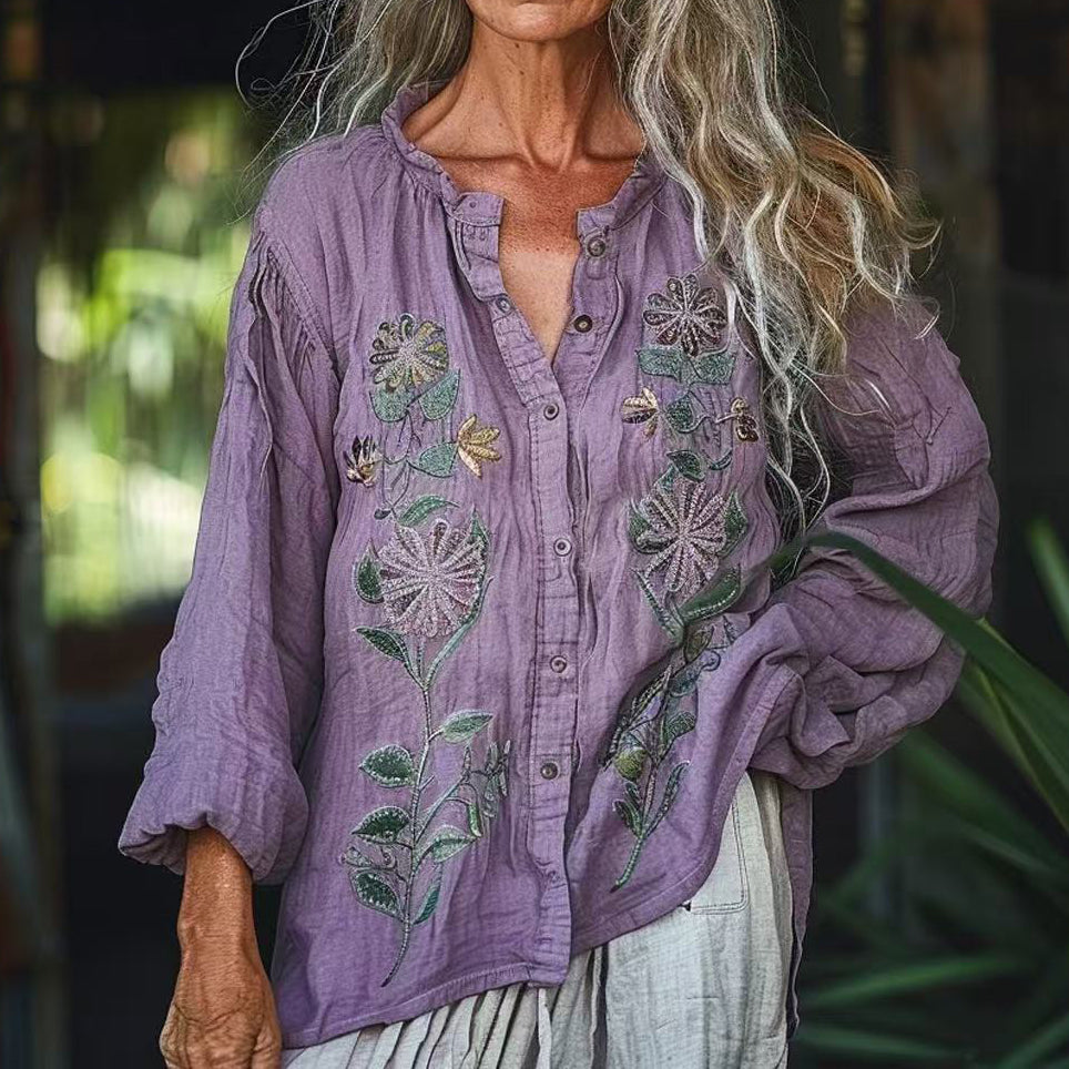 Vintage Bohemian Style Linen Floral Art Print Long Sleeve Shirt elevenforest