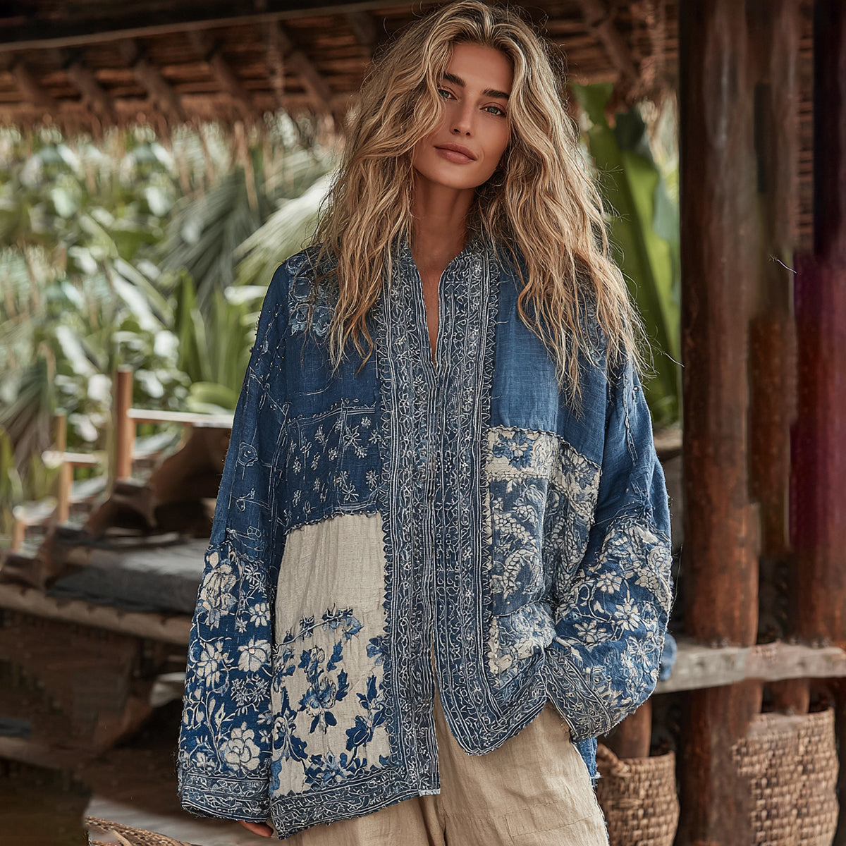Retro Bohemian Floral With Japanese Traditional Sashiko Art Embroidery Print Cotton And Linen Blend Kimono Cardigan elevenforest