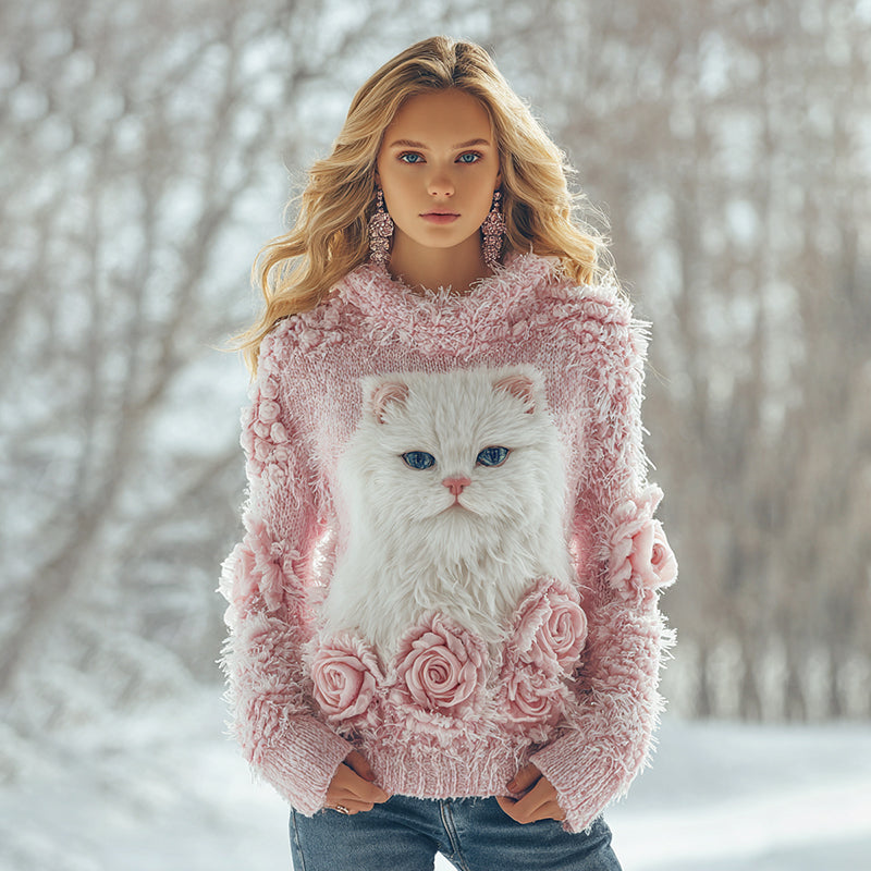 Women's Cute Cat Art Knitted Warm Hooded Sweater elevenforest