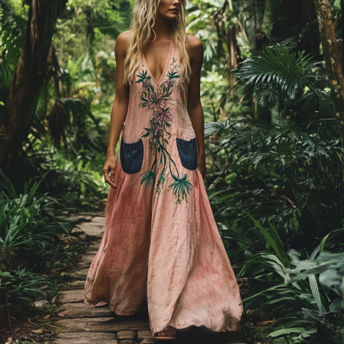 Bohemian Floral Embroidery Sleeveless Cozy Linen Maxi Dress elevenforest