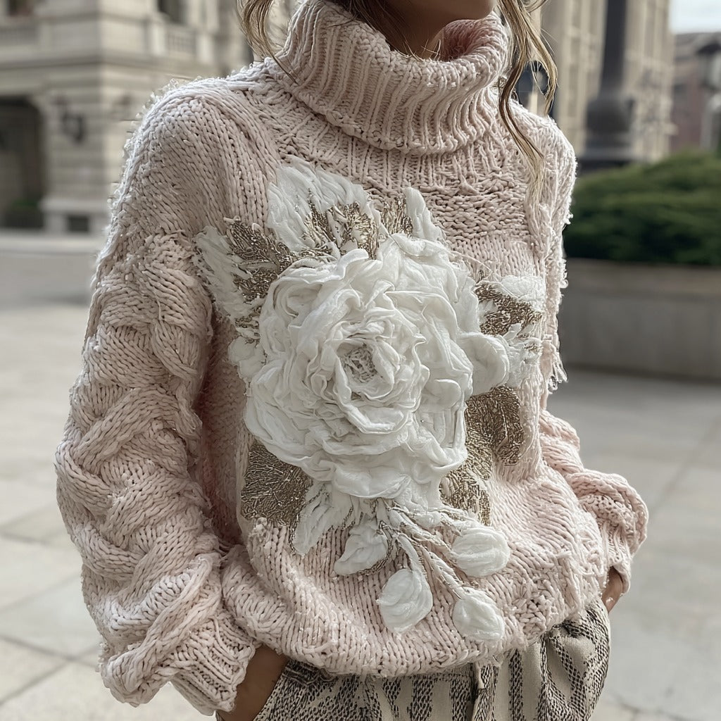Women's Vintage Pink Rose Chunky Knit Turtleneck Sweater elevenforest