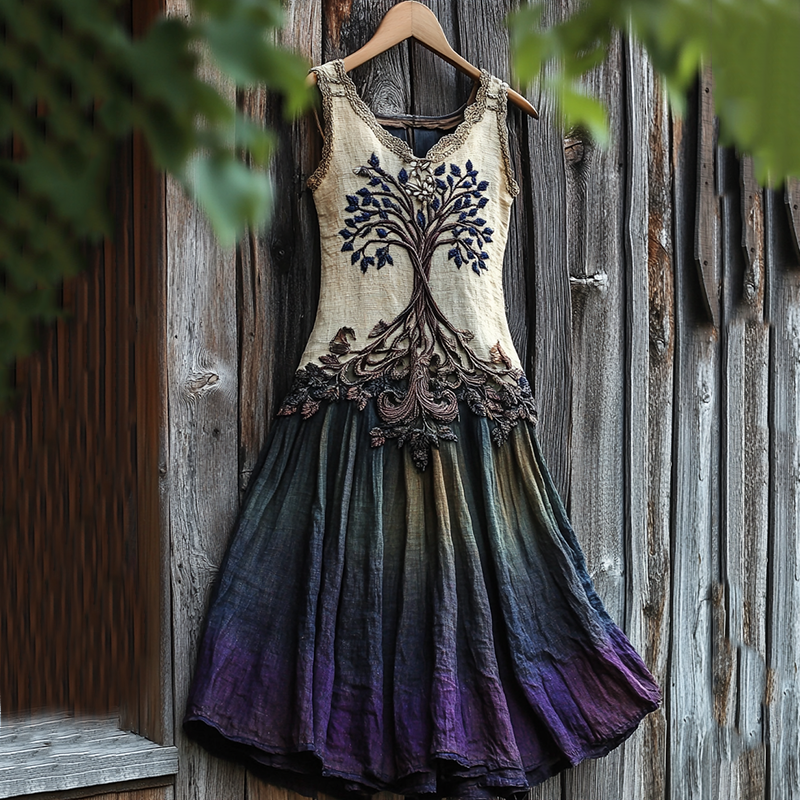 Women's Vintage Viking Tree Of Life Gradient Linen Dress elevenforest