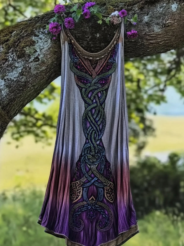 Vintage Viking Celtic Knot Gradient Linen Midi Dress elevenforest