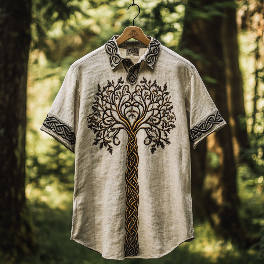 Men's Viking Tree Of Life Embroidery Pattern Lapel Shirt elevenforest