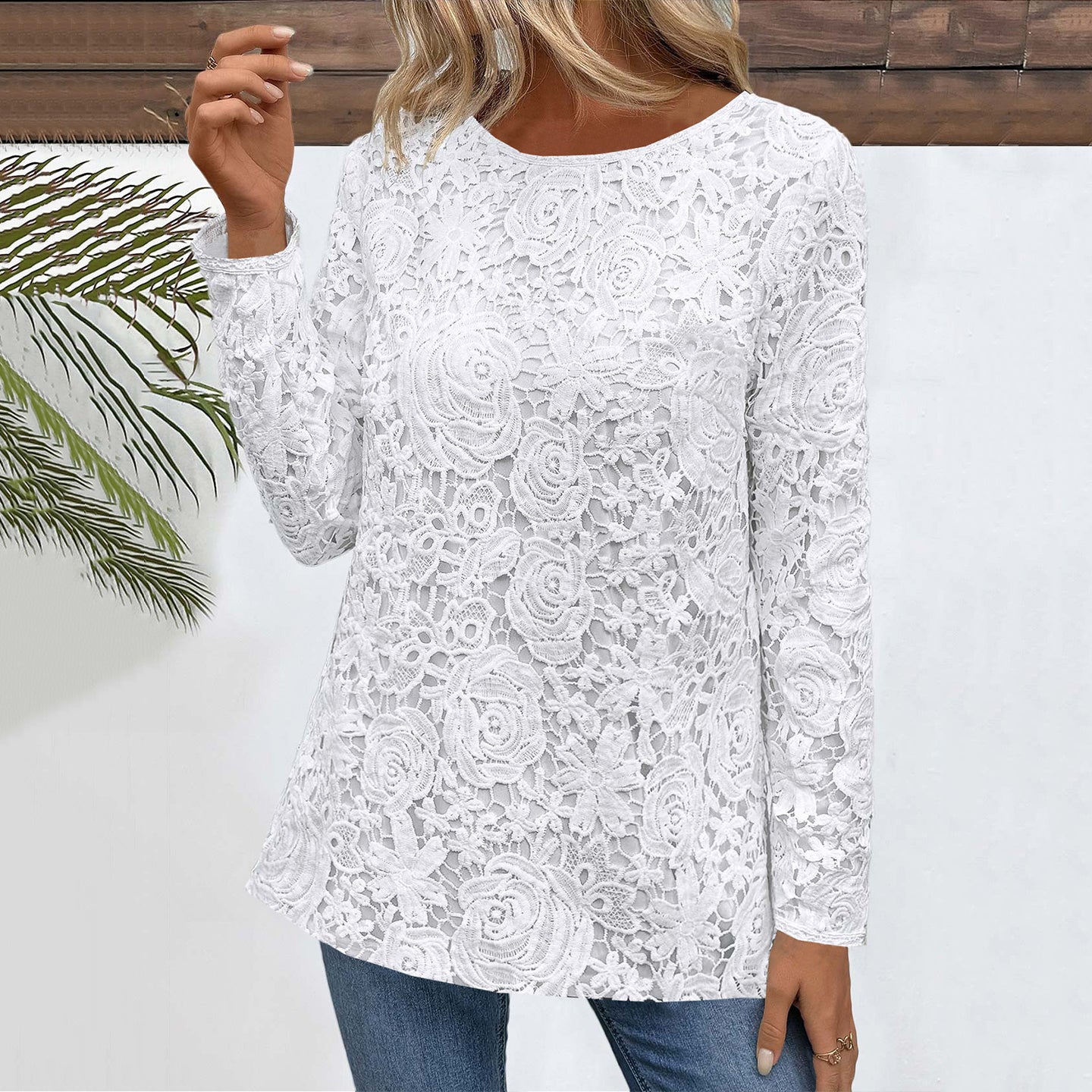 Comstylish Women's Floral Embroidered Laceart Casual Long-sleeved Shirt