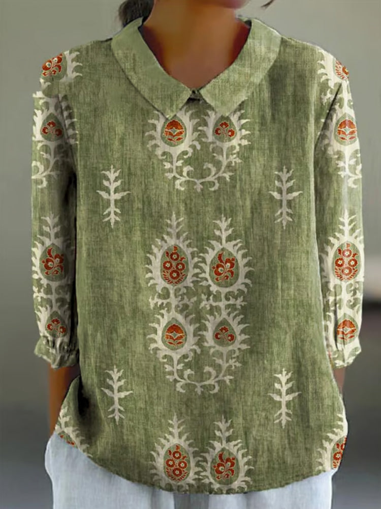 Women's Vintage Botanical Floral Patchwork Art Print Design Lapel Shirt elevenforest