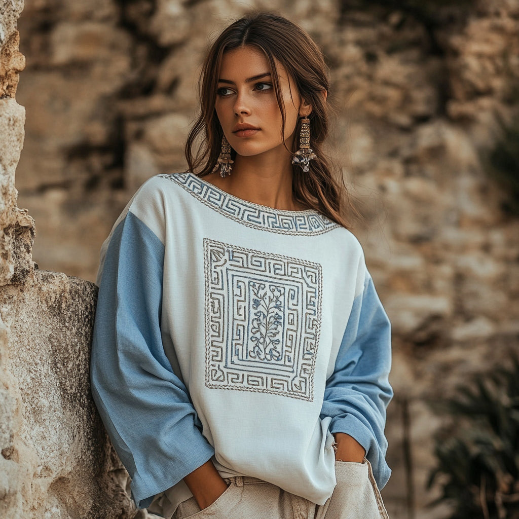 Vintage Greek Key Motif Patchwork Cotton Linen Contrast Shirt elevenforest