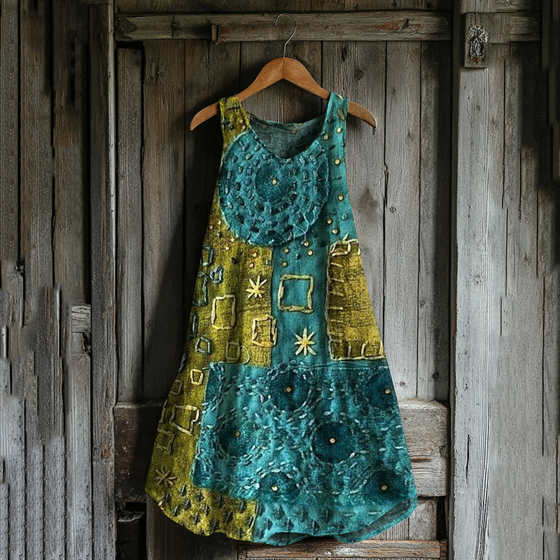 Abstract Creative Patchwork Art Linen Blend Tank Dress elevenforest