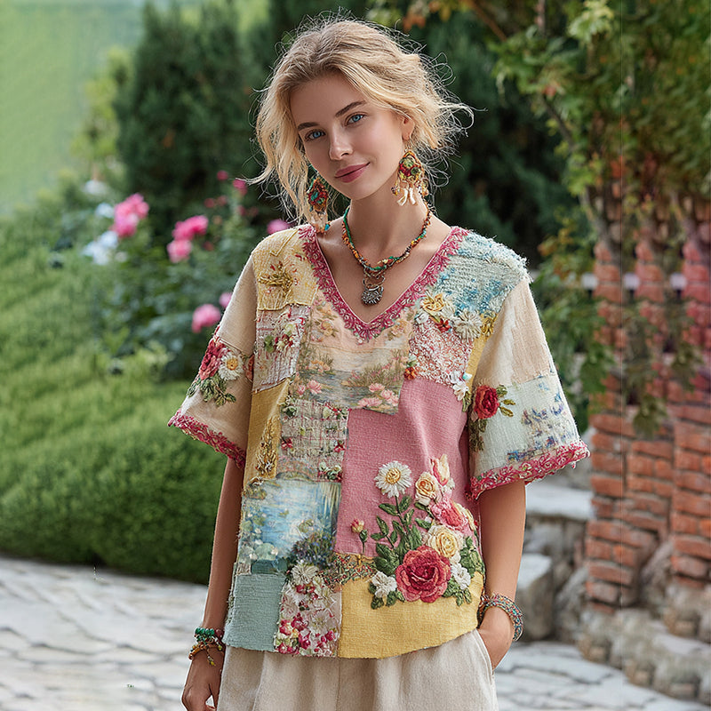 Women's Oil Painting Water Lily Floral Patchwork Comfy Shirt elevenforest