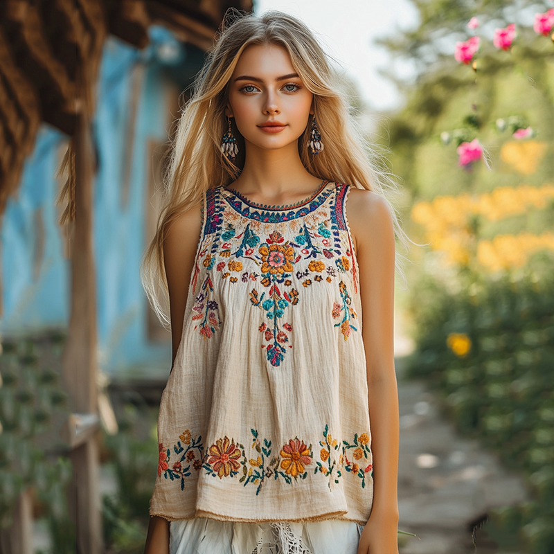 Vintage Floral Embroidery Pattern Women's Linen Vest elevenforest