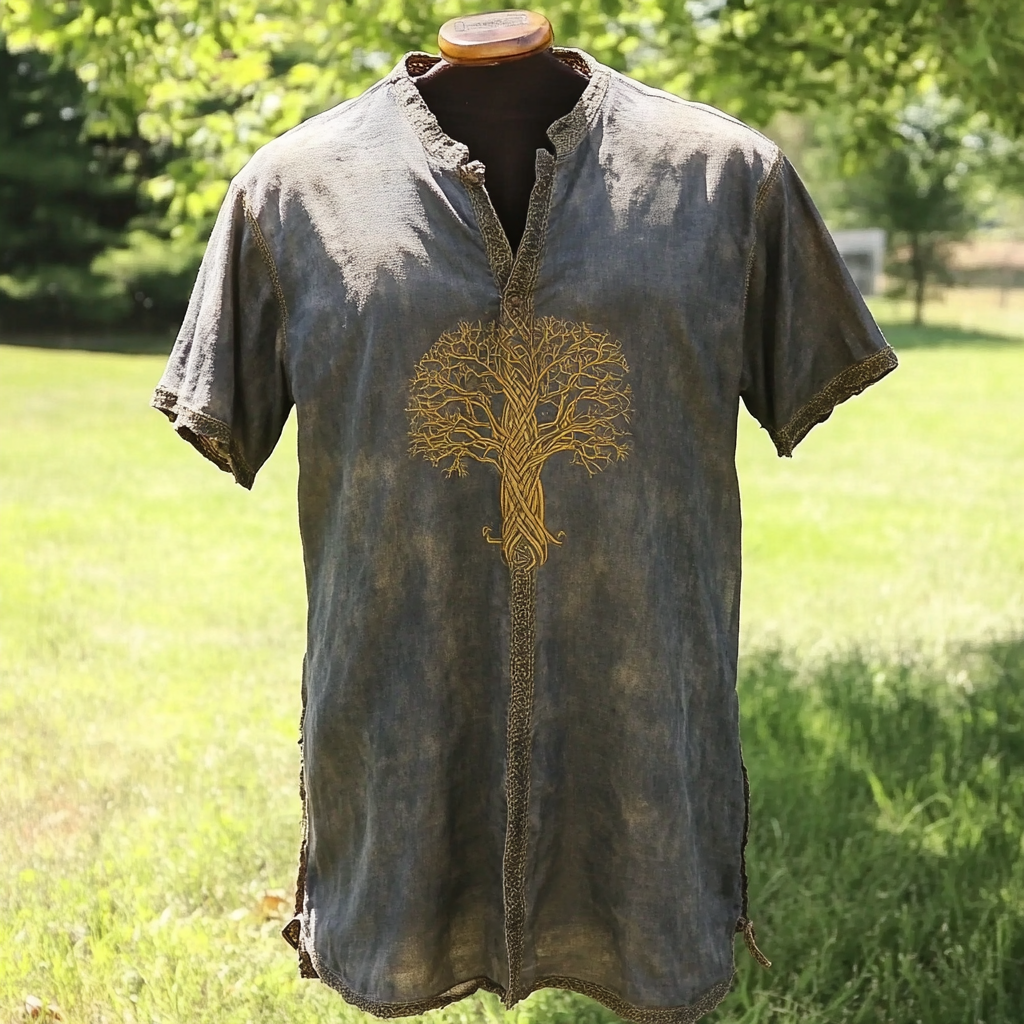 Men's Vintage Viking Tree Of Life Linen Shirt elevenforest