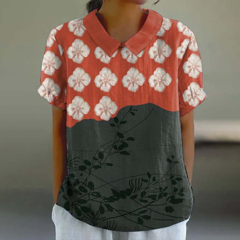 Comstylish Japanese Art Flower Print Lapel Casual Blouse
