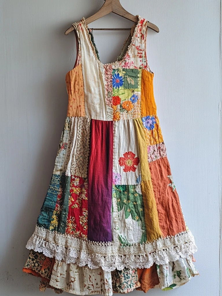 Floral Pattern Lace Patchwork Linen Blend Dress elevenforest