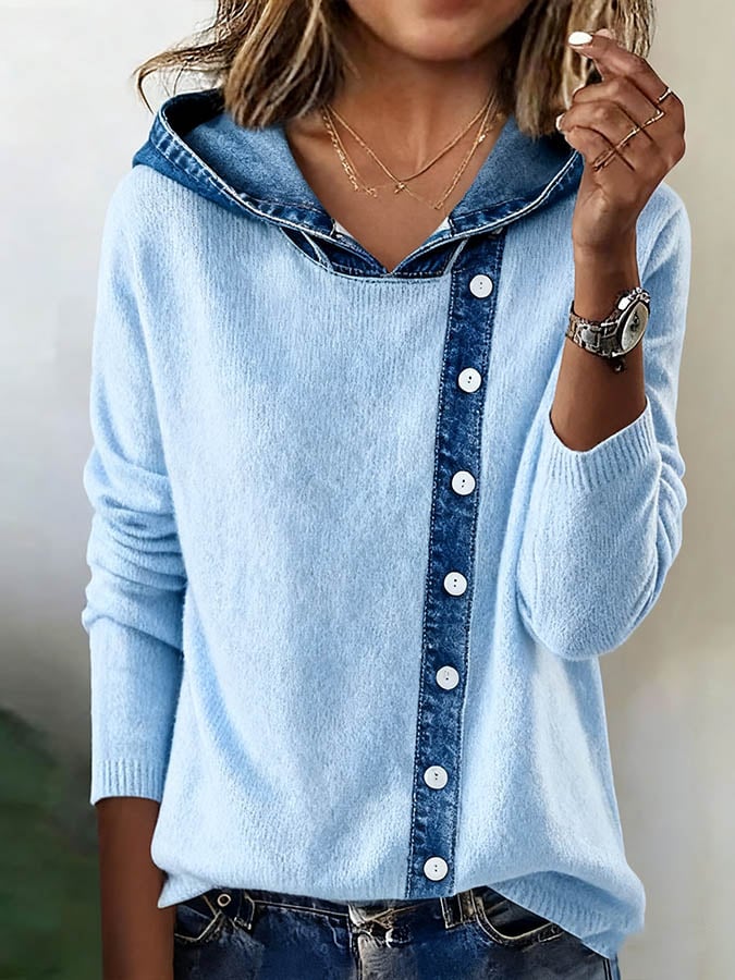 Women'S Contrasting Knitted And Denim Hooded Top