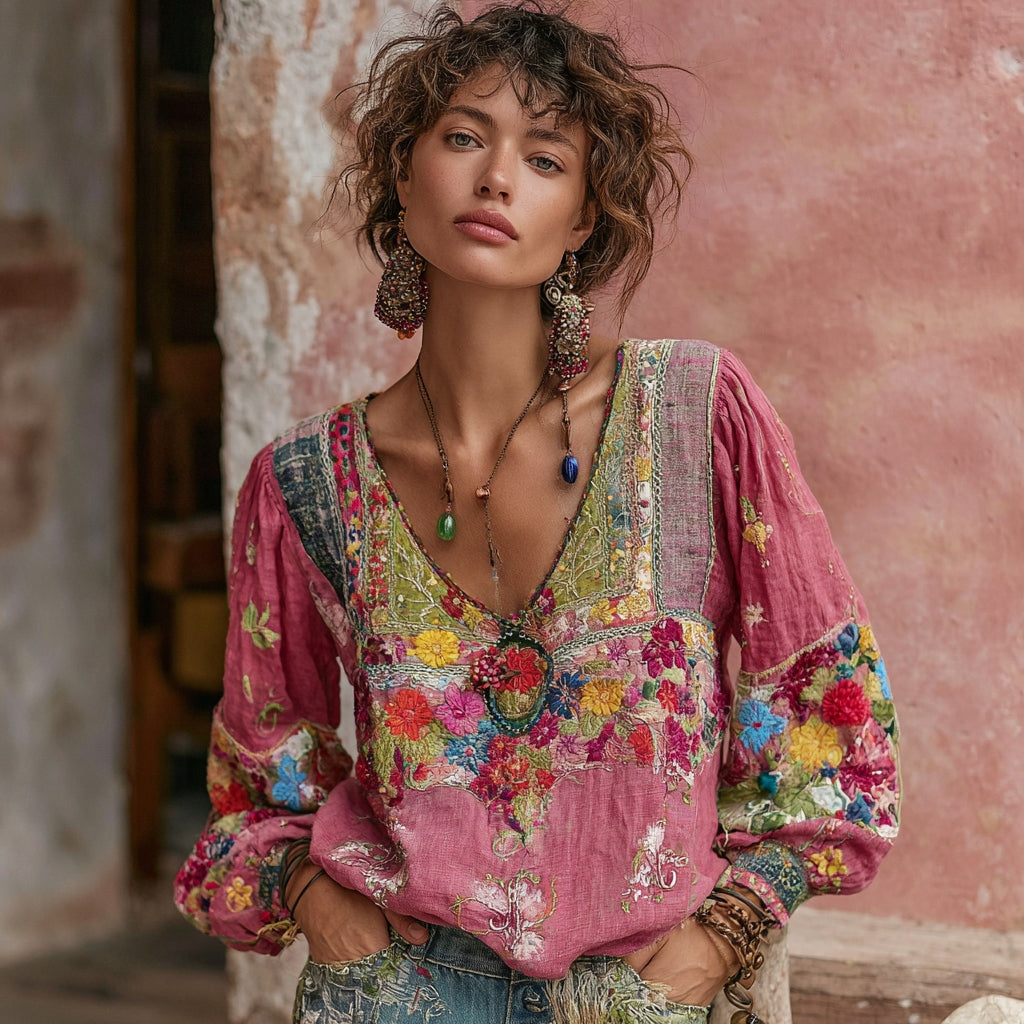 Women's Bohemian Floral Embroidery Art Print V-neck Long Sleeve Linen Blend T-shirt elevenforest