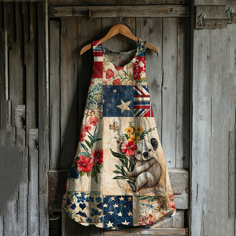 Vintage Loose Australian Save Koala Protect Koala Cute Koala Pattern Art Print Linen Tank Dress elevenforest
