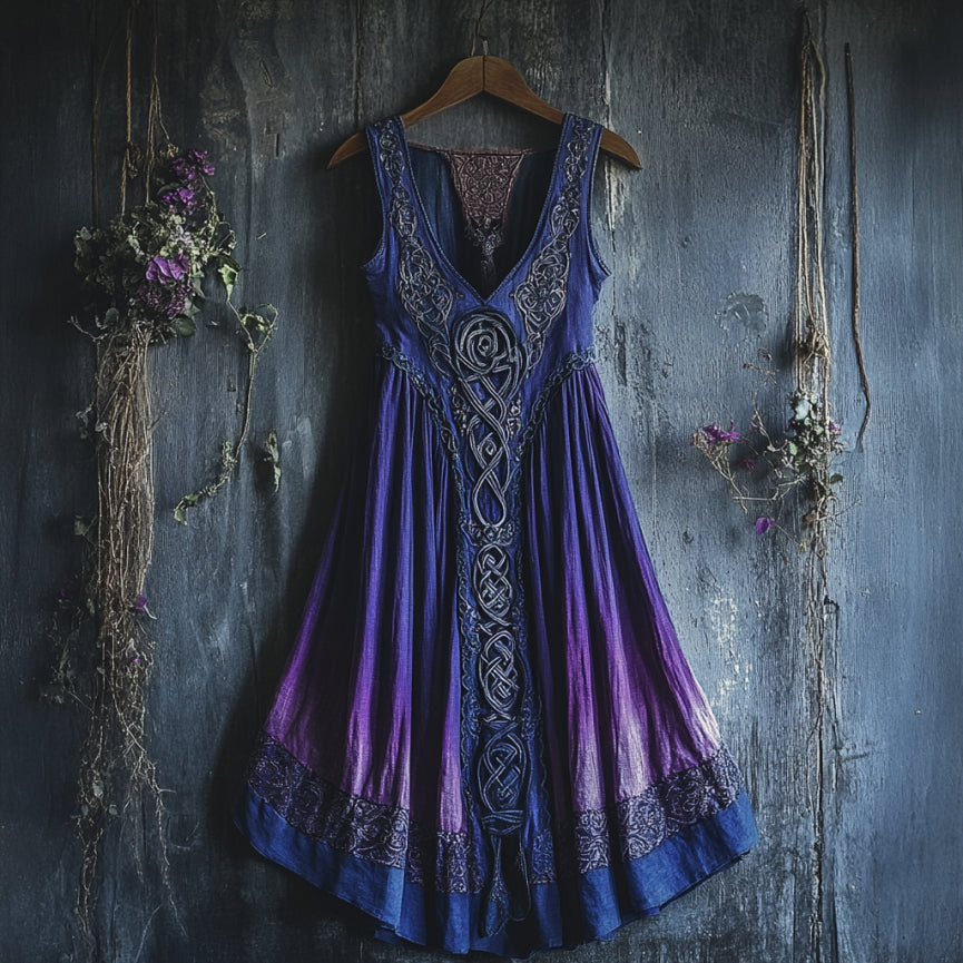 Viking Celtic Art Gradient Linen Tank Dress elevenforest