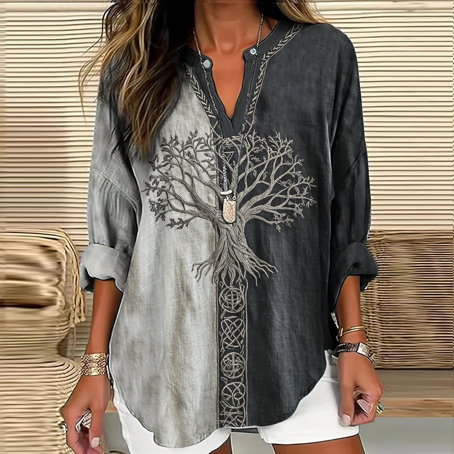 Women's Viking Life Of Tree Art Linen Print Casual Shirt elevenforest