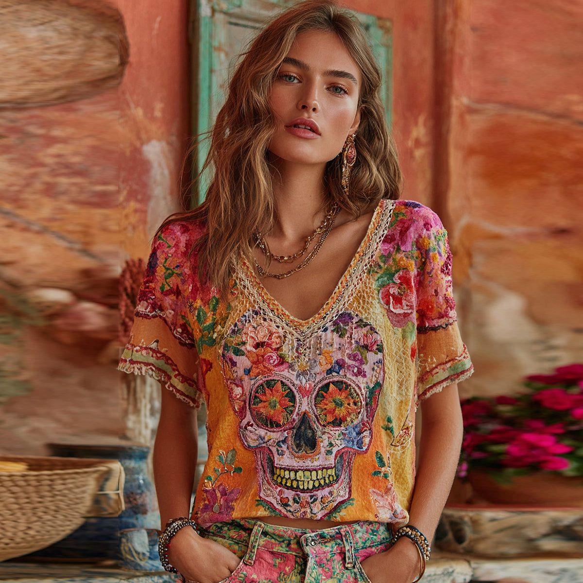 Women's Classic Mexican Sugar Skeleton Catrina Day Of The Dead Inspired Painting Embroidered Casual Linen V Neck T-shirt elevenforest